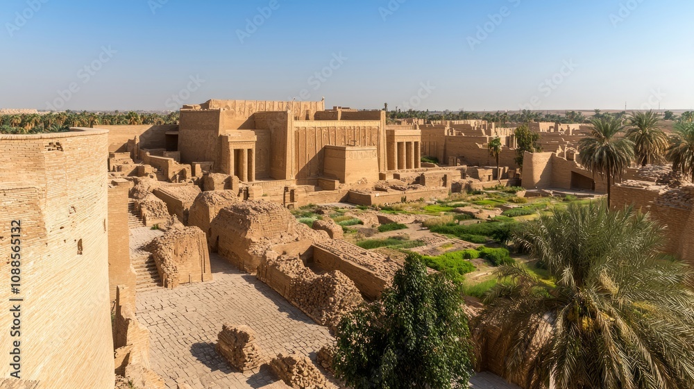 Majestic Babylon: Panoramic View of the Legendary Mesopotamian City with Iconic Structures and Gardens Majestic Babylon: Panoramic View of the Legendary Mesopotamian City with Iconic Structures and Gardens