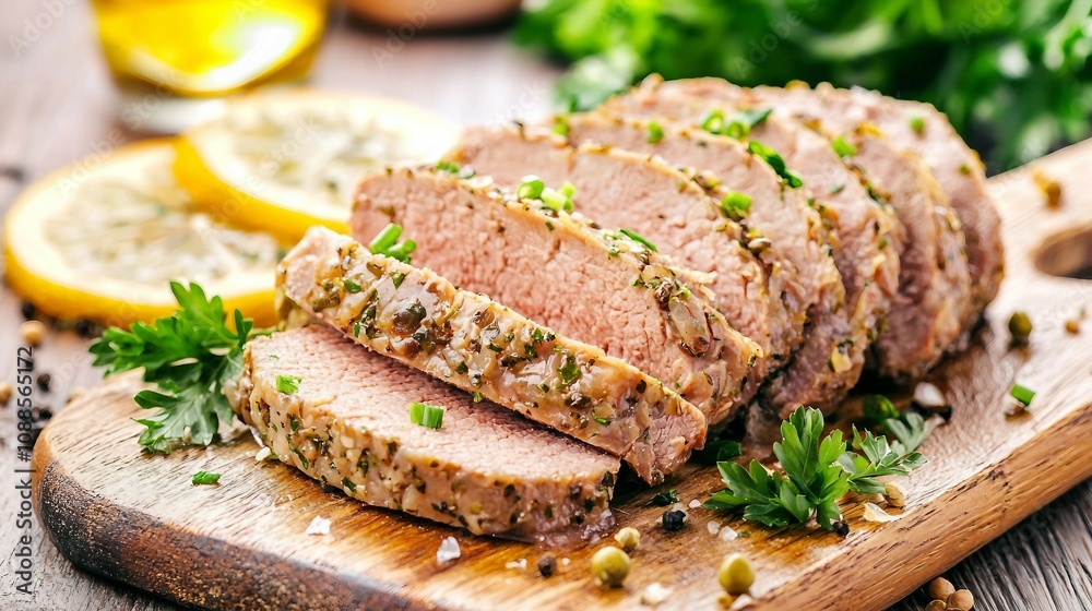 Juicy Slices of Herb-Crusted Meat on a Wooden Board with Fresh Lemons and Green Herbs, Perfect for Gourmet Recipes and Culinary Presentations Juicy Slices of Herb-Crusted Meat on a Wooden Board with Fresh Lemons and Green Herbs, Perfect for Gourmet Recipes and Culinary Presentations