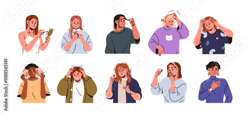 Hair problems set. Balding, loss and alopecia, dandruff, dry and greasy, frizzy, damaged split ends, itchy lice, greying. Head scalp issues. Flat vector illustration isolated on white background