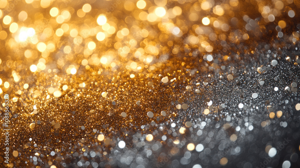 Gold glitter against black backdrop, shimmering with light. Gold glitter against black backdrop, shimmering with light.