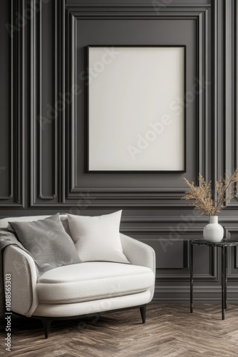 A stylish living room showcases a contemporary white sofa adorned with cushions next to a minimalist table holding a vase of dried flowers, all set against dark paneled walls. ? blank frame.