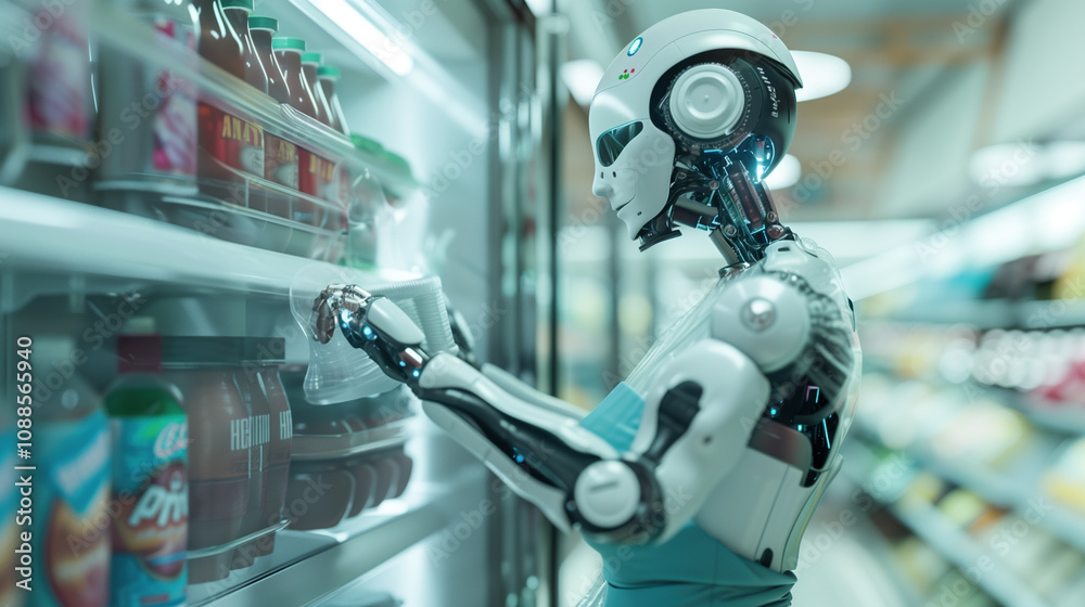 Fototapeta premium AI Robot as Housemaid Organizing Refrigerator Shelves in Kitchen – Advanced Home Assistance and Smart Cleaning Technology