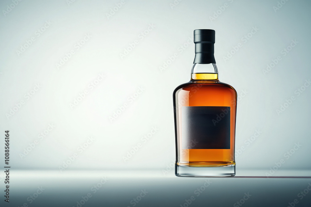 Bottle of whisky on table, surrounded by glasses and cigars, in a dimly lit room with leather chairs. Bottle of whisky on table, surrounded by glasses and cigars, in a dimly lit room with leather chairs.