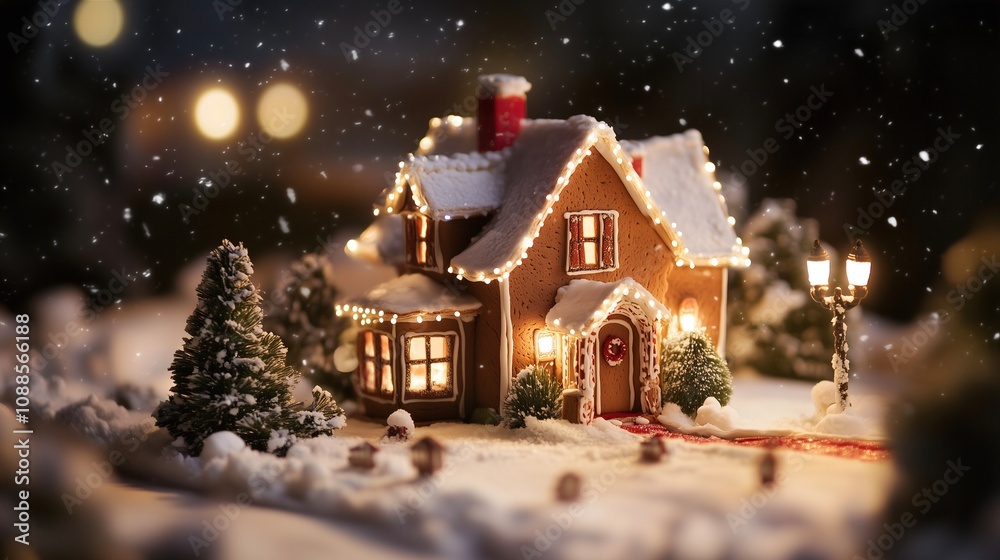 Life-sized gingerbread house with decoration in the evening Life-sized gingerbread house with decoration in the evening