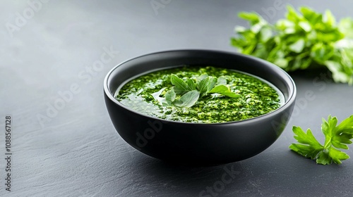 Fresh Green Sauce in Black Bowl with Aromatic Herbs on Dark Stone Surface for Culinary Inspiration and Recipe Ideas in Cooking Context