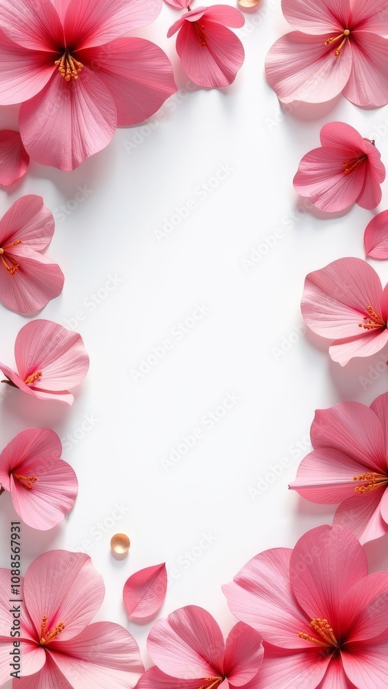 A white background with pink flowers in the foreground