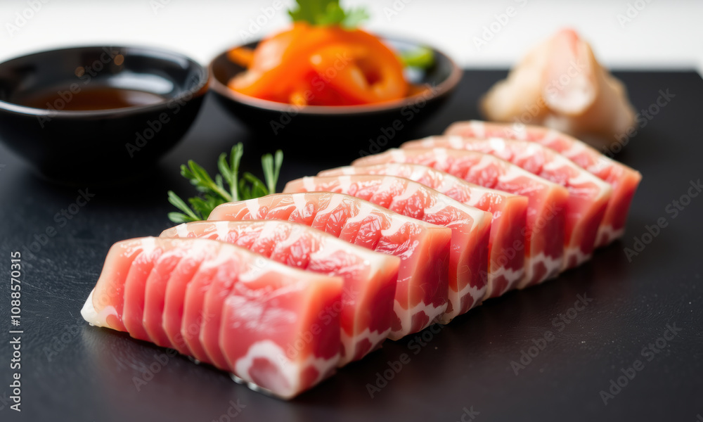 Fresh tuna sashimi served on black plate, garnished with herbs and accompanied by dipping sauce and colorful vegetables. delightful culinary experience Fresh tuna sashimi served on black plate, garnished with herbs and accompanied by dipping sauce and colorful vegetables. delightful culinary experience