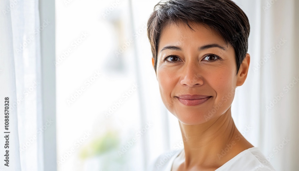 Confident Middle-Aged Asian Woman: Self-Love, Menopause Health, and Radiant Smile Confident Middle-Aged Asian Woman: Self-Love, Menopause Health, and Radiant Smile