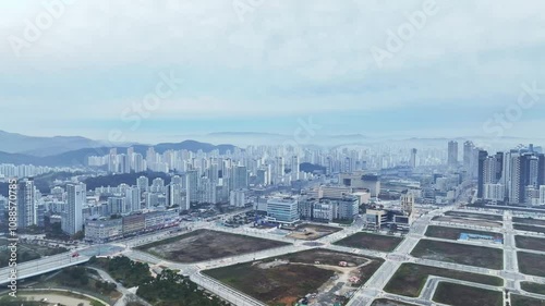 Drone View of Sejong City in South Korea, Park, Autumn, 60fps photo