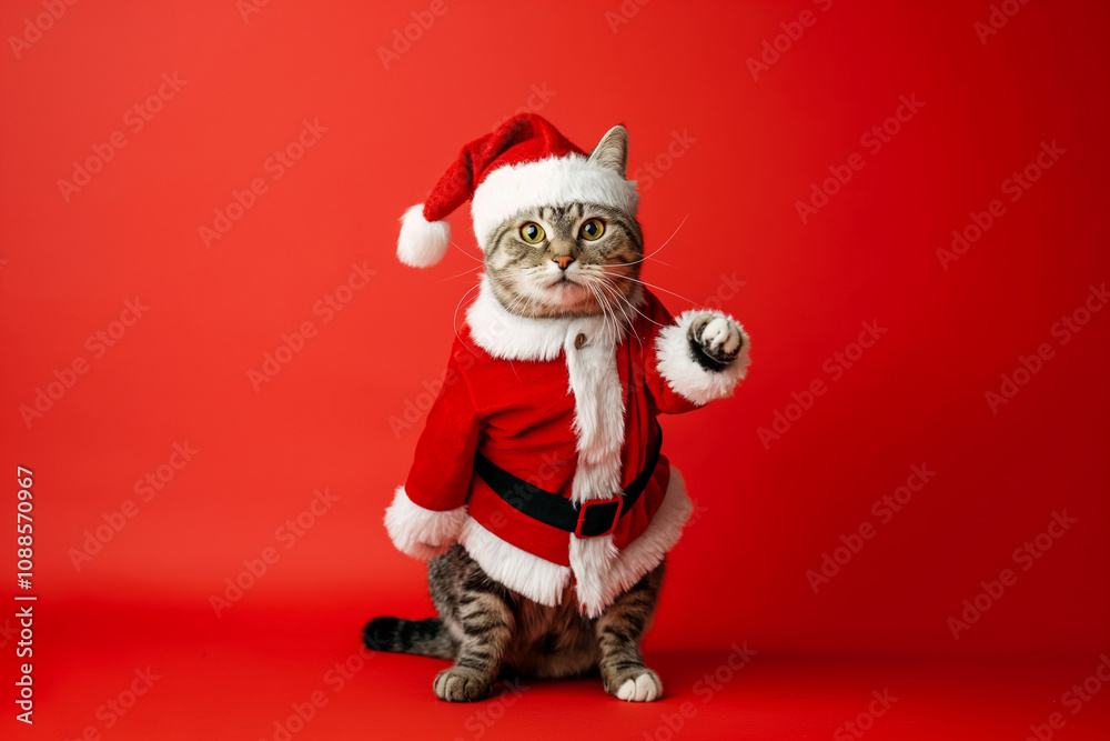 Cat in Santa Claus hat. Adorable Cat Dressed as Santa Claus with Copy Space. Generative AI Cat in Santa Claus hat. Adorable Cat Dressed as Santa Claus with Copy Space. Generative AI