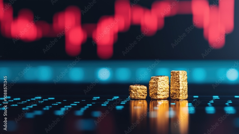 Gold bars growing on electronic circuit board with stock market chart showing price increase Gold bars growing on electronic circuit board with stock market chart showing price increase