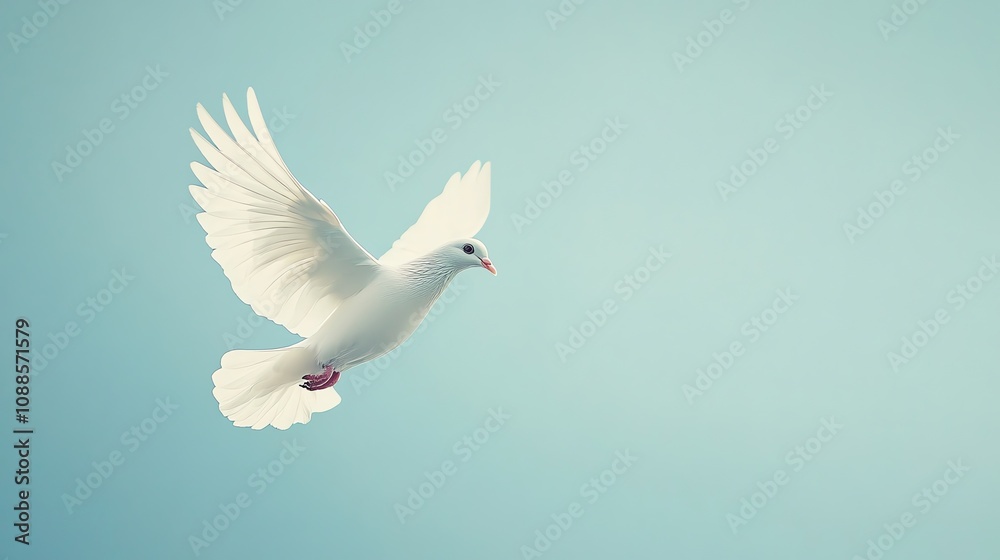 Fototapeta premium A white dove in flight against a blue background.