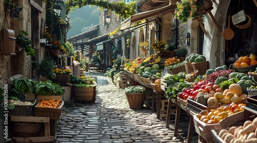 The photo showcases an outdoor French farmers' market with vibrant stalls of fresh produce, cheese wheels, and herbs, set in a picturesque village square with cobblestone streets and old-world charm.