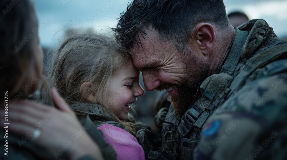 Fototapeta premium This touching moment captures a soldier joyfully embracing a young girl, highlighting the bond between them and the emotions of love, safety, and reunion.