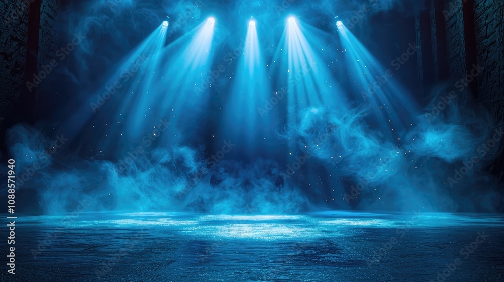 Illuminated blue light beams shine through green spotlight backdrop during performance