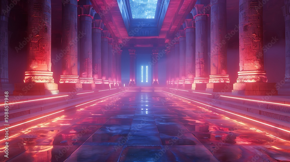 Obraz premium A futuristic temple with bioluminescent architecture and holographic spiritual symbols 