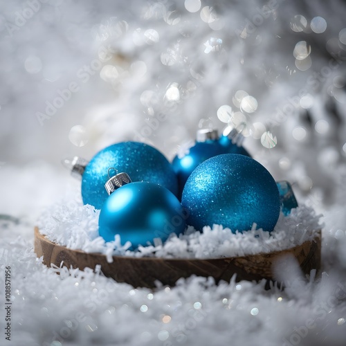 Christmas Background with blue ornaments and snowflakes, Christmas-themed blue ornaments background, Christmas tree decorations, blue glass baubles with snowflake patterns photo