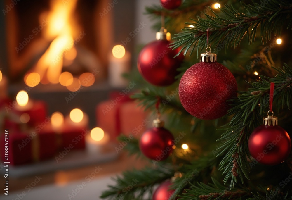 Christmas and New Year holiday concepts. Red balls on fir branches. Interior Christmas. Magic glowing tree, fireplace, gifts background Christmas and New Year holiday concepts. Red balls on fir branches. Interior Christmas. Magic glowing tree, fireplace, gifts background