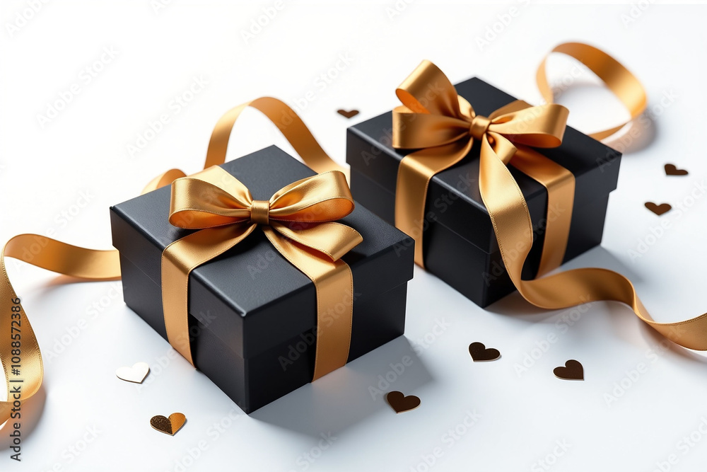 Black box with gold ribbon in Black Friday theme. Luxury style. Black box with gold ribbon in Black Friday theme. Luxury style.