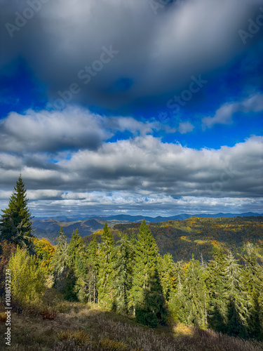 The landscape of Carpathian Mountains in the sunny weather. Perfect weather condition in the autumn season