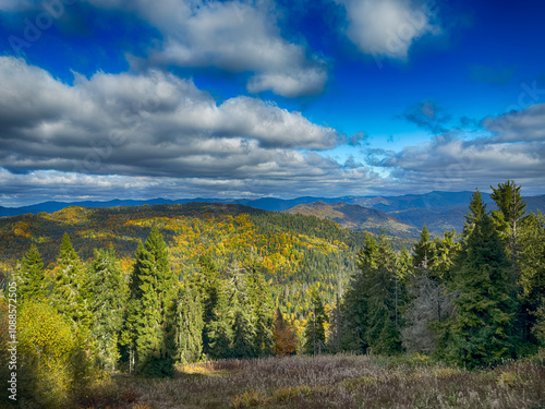 The landscape of Carpathian Mountains in the sunny weather. Perfect weather condition in the autumn season