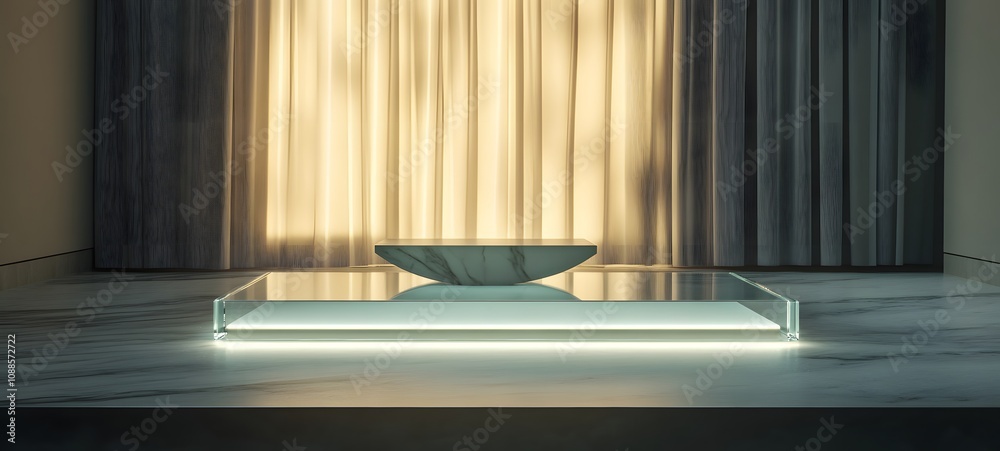 98. A glass podium with an elegant base, illuminated from beneath, leaving an open space in the center for a product. 98. A glass podium with an elegant base, illuminated from beneath, leaving an open space in the center for a product.