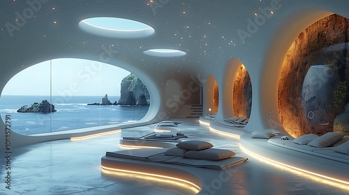 A high-tech meditation center with robotic guides and bioluminescent serenity areas 