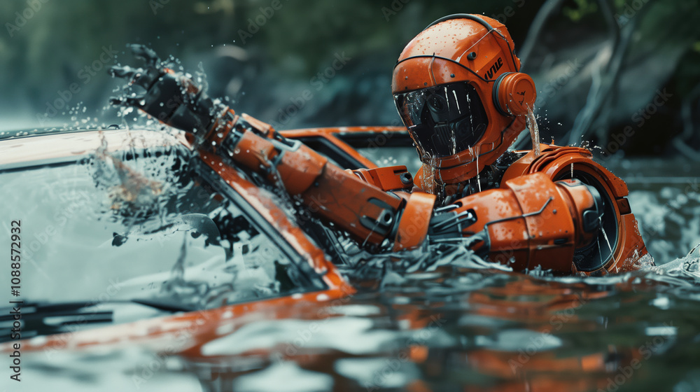 AI Robot in a Rescue Suit Rescues a Person from a Partially Submerged Car in a Deep River, Shattering the Window for Quick Assistance