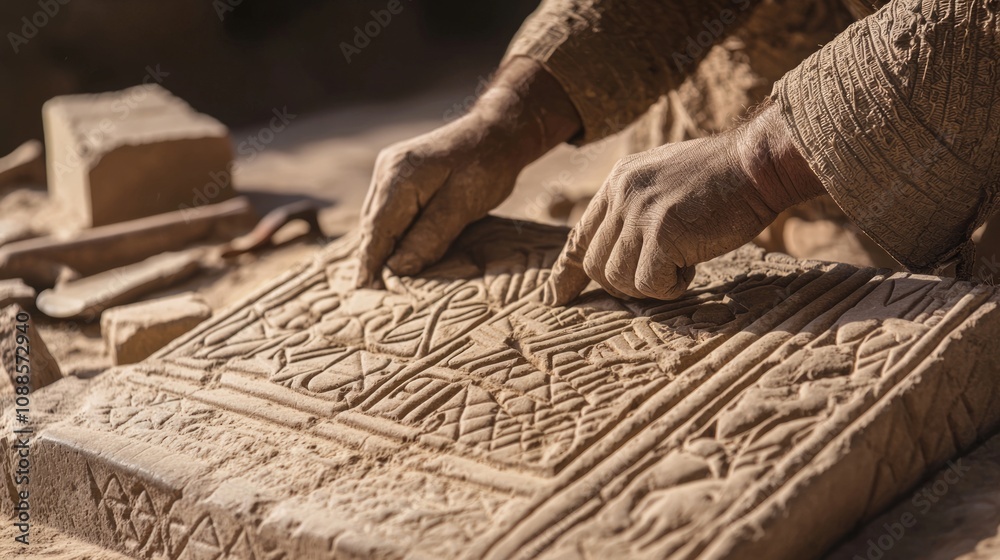 Master Craftsman Carving Intricate Designs on Mesopotamian Stone Tablet in Workshop Setting Master Craftsman Carving Intricate Designs on Mesopotamian Stone Tablet in Workshop Setting