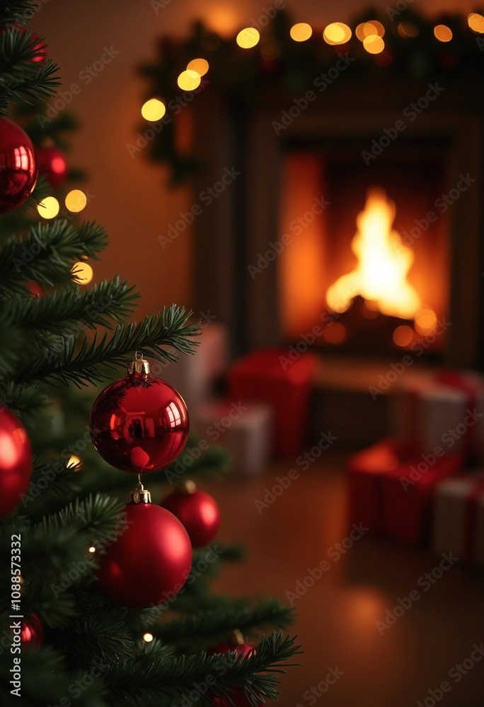 Christmas and New Year holiday concepts. Red balls on fir branches. Interior Christmas. Magic glowing tree, fireplace, gifts background