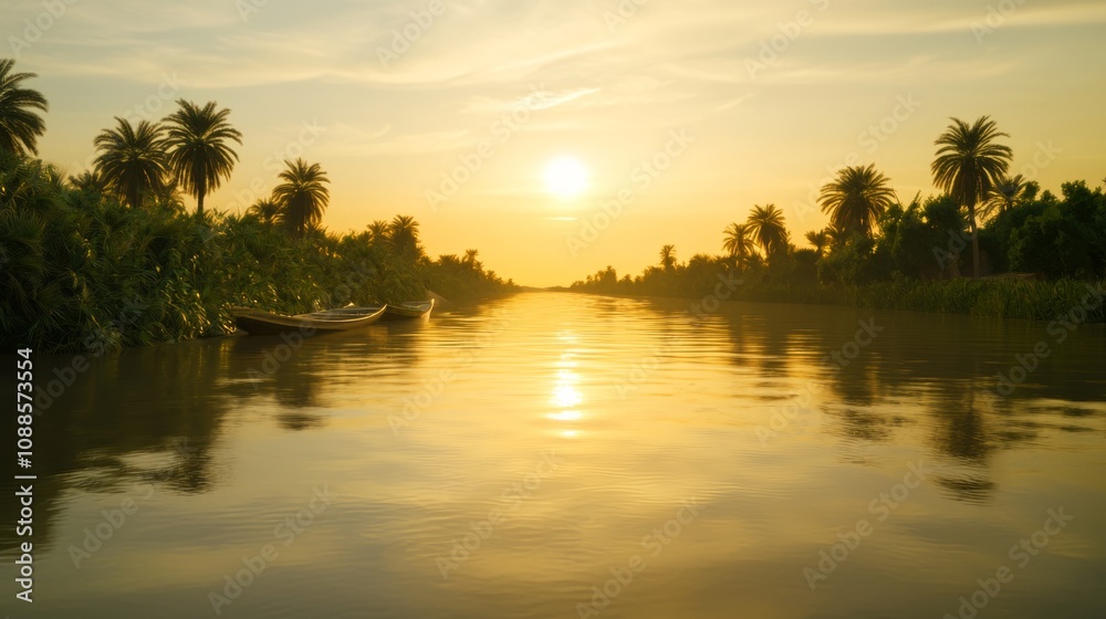 Obraz premium Mesopotamian Sunset Serenity: Ancient Boats on Tigris River Reflecting Tranquil Landscapes