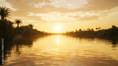 Mesopotamian Civilization: Tranquil Sunset Over Tigris River with Ancient Boats and Lush Landscapes