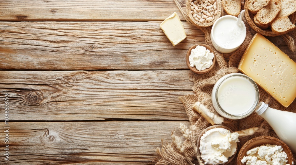 The scene features an inviting wooden table adorned with an assortment of dairy products, freshly baked bread, and natural textures. Generative AI The scene features an inviting wooden table adorned with an assortment of dairy products, freshly baked bread, and natural textures. Generative AI