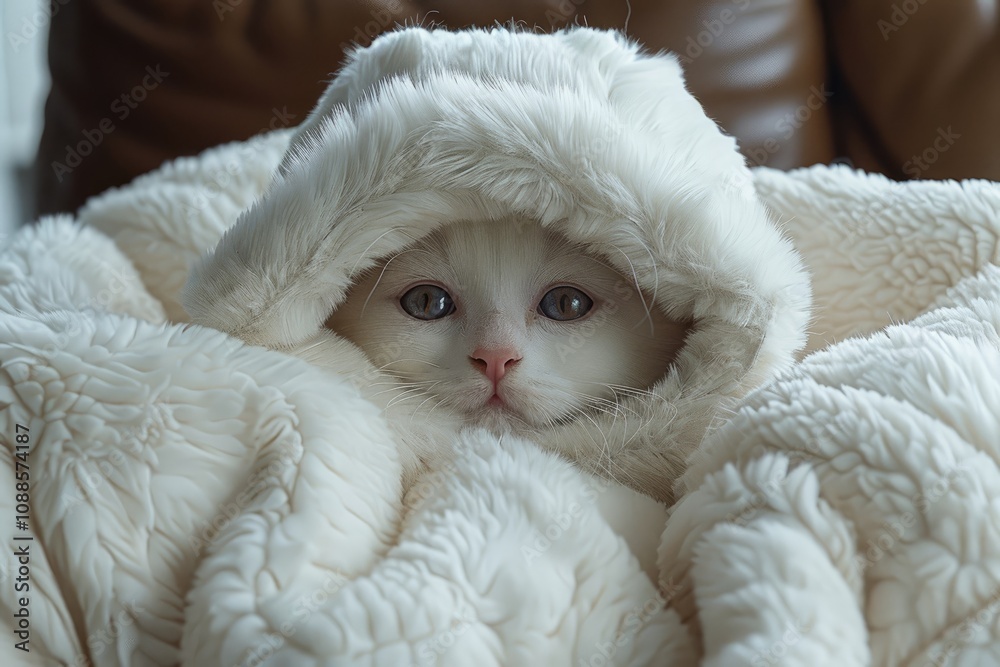 White toddler joyfully cuddles in soft blanket with an adorable cat indoors White toddler joyfully cuddles in soft blanket with an adorable cat indoors