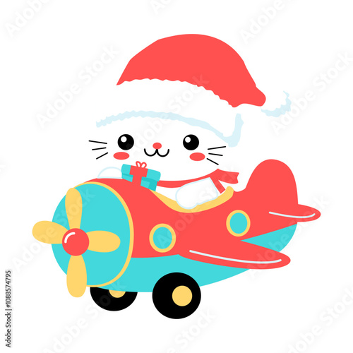 Santa Cat Flying Christmas Airplane