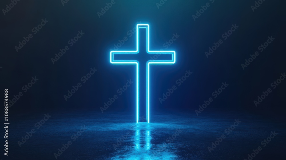Illuminated Neon Cross on Dark Background, Symbolizing Faith in Modern Design, Spirituality and Hope, Digital Art Representation for Religious Themes Illuminated Neon Cross on Dark Background, Symbolizing Faith in Modern Design, Spirituality and Hope, Digital Art Representation for Religious Themes