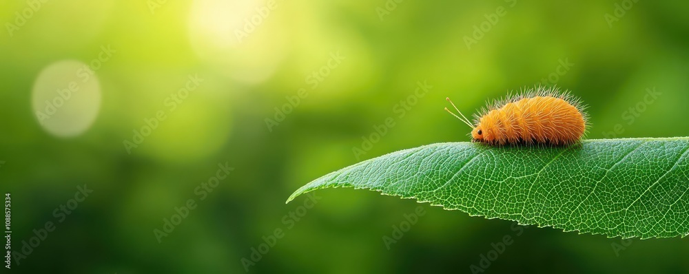 A vibrant orange caterpillar resting on a green leaf in a lush, natural environment. A vibrant orange caterpillar resting on a green leaf in a lush, natural environment.