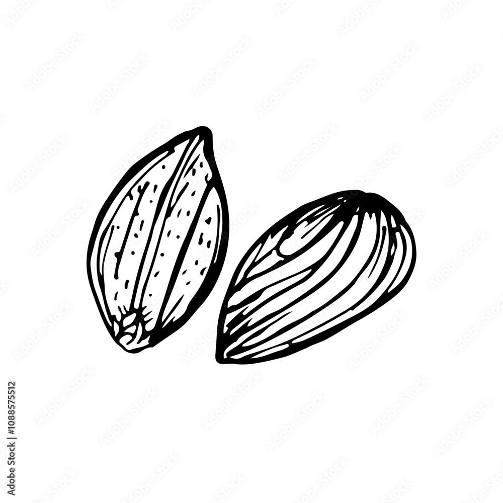 Almond nuts sketch outline illustration. Simple doodle drawing in engraving style. Hand drawn vector line art clipart isolated on a white background Almond nuts sketch outline illustration. Simple doodle drawing in engraving style. Hand drawn vector line art clipart isolated on a white background