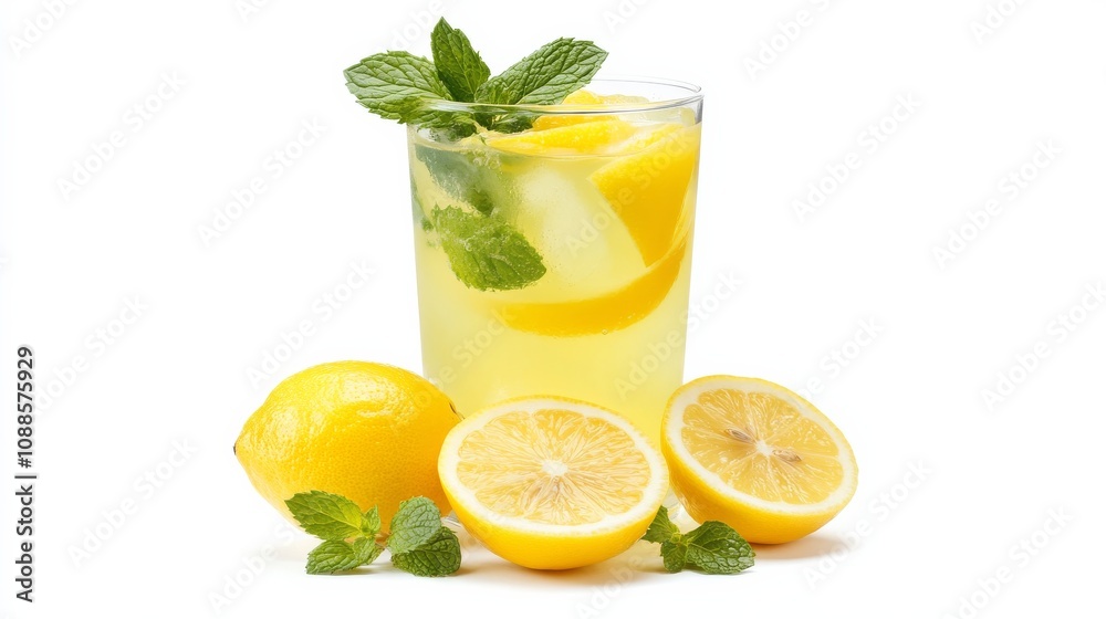 Fototapeta premium A refreshing glass of lemonade with slices of fresh lemon and sprigs of mint, Its vibrant yellow color and tangy aroma enticingly displayed