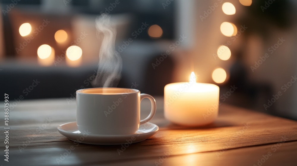Cozy nights with steaming tea in a romantic setting, illuminated by candlelight on a rustic wooden table. Cozy nights with steaming tea in a romantic setting, illuminated by candlelight on a rustic wooden table.