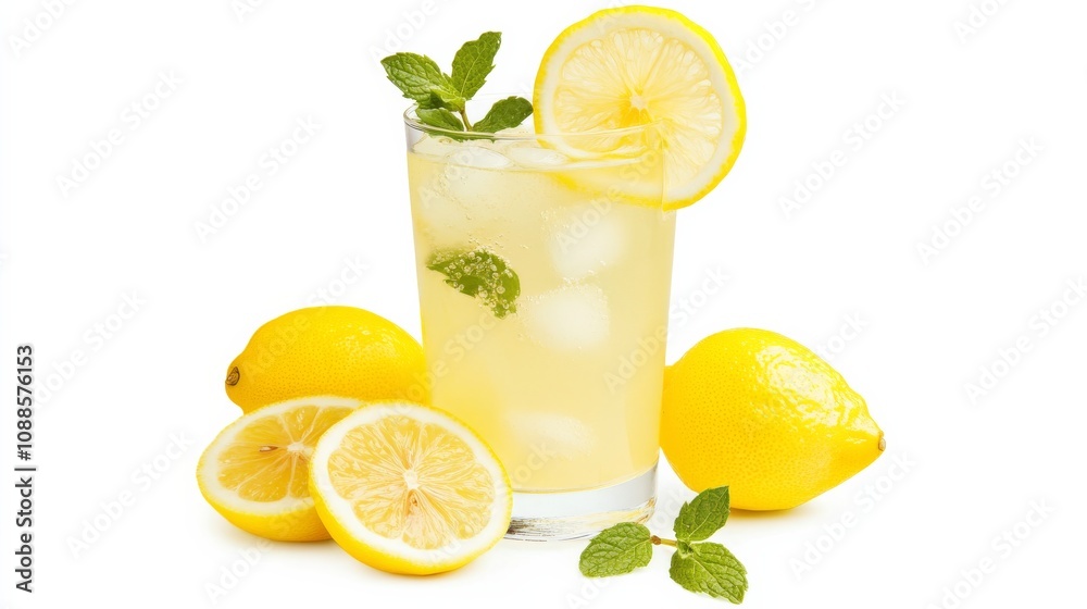 A refreshing glass of lemonade with slices of fresh lemon and sprigs of mint, Its vibrant yellow color and tangy aroma enticingly displayed A refreshing glass of lemonade with slices of fresh lemon and sprigs of mint, Its vibrant yellow color and tangy aroma enticingly displayed