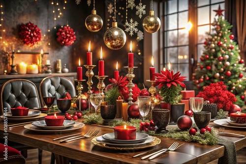 Elegant Red and Black Christmas Table Setting with Glowing Candles, Snowflakes, and Festive Decor for a Cozy Holiday Atmosphere