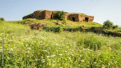 Ancient Mesopotamian Ruins: Serene Connection to History amidst Lush Vegetation and Wildflowers