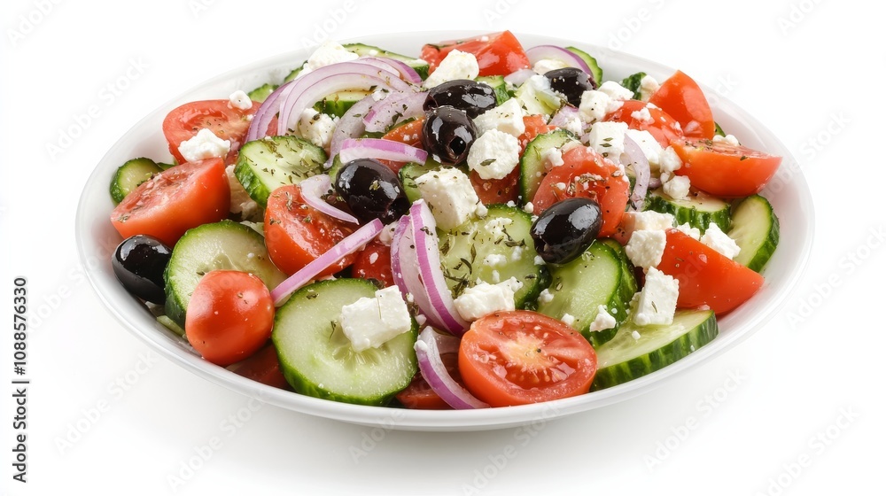 A refreshing Greek salad with chopped cucumbers, tomatoes, red onions A refreshing Greek salad with chopped cucumbers, tomatoes, red onions