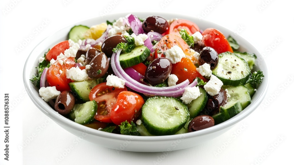 A refreshing Greek salad with chopped cucumbers, tomatoes, red onions A refreshing Greek salad with chopped cucumbers, tomatoes, red onions