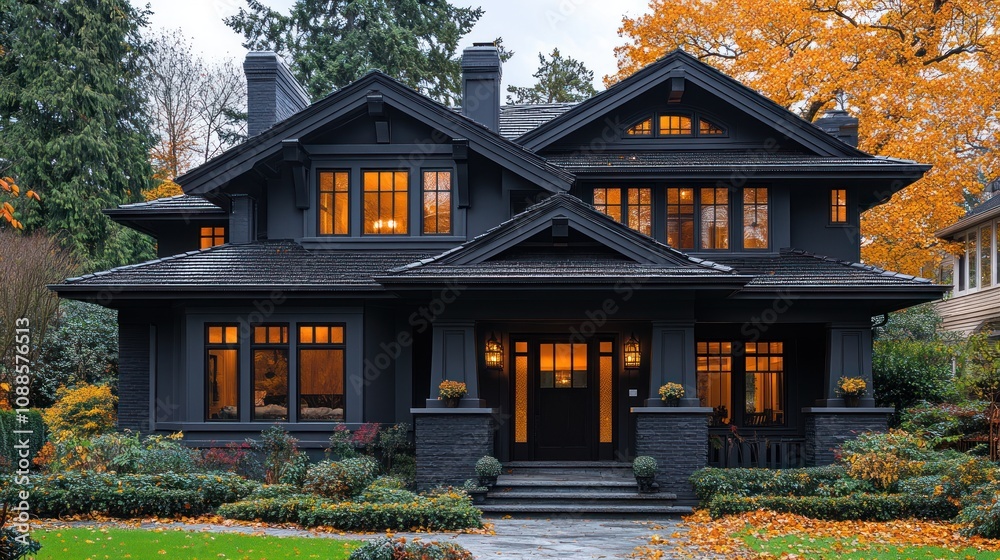 A modern black house surrounded by autumn foliage. A modern black house surrounded by autumn foliage.