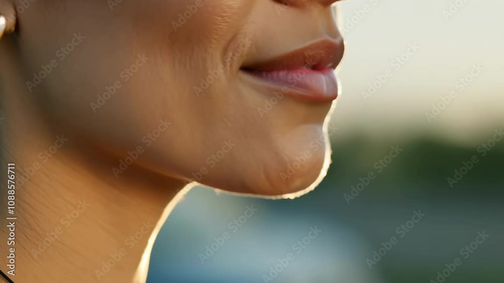 Closeup of a smiling woman's profile in warm sunset lighting Closeup of a smiling woman's profile in warm sunset lighting