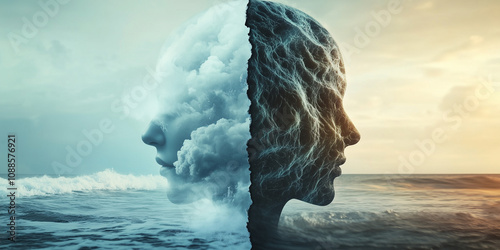 A split screen of a human head with calm, gentle waves on one side and sharp, jagged waves representing an anxious or disturbed mind, illustrating the contrast in mental states and psychic energy.