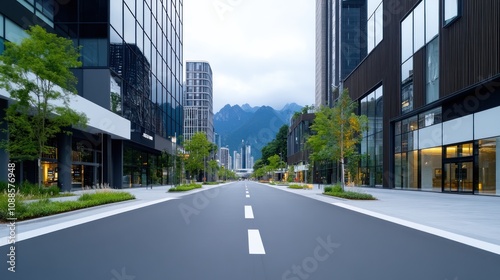 Modern urban street with buildings and mountains in the background.