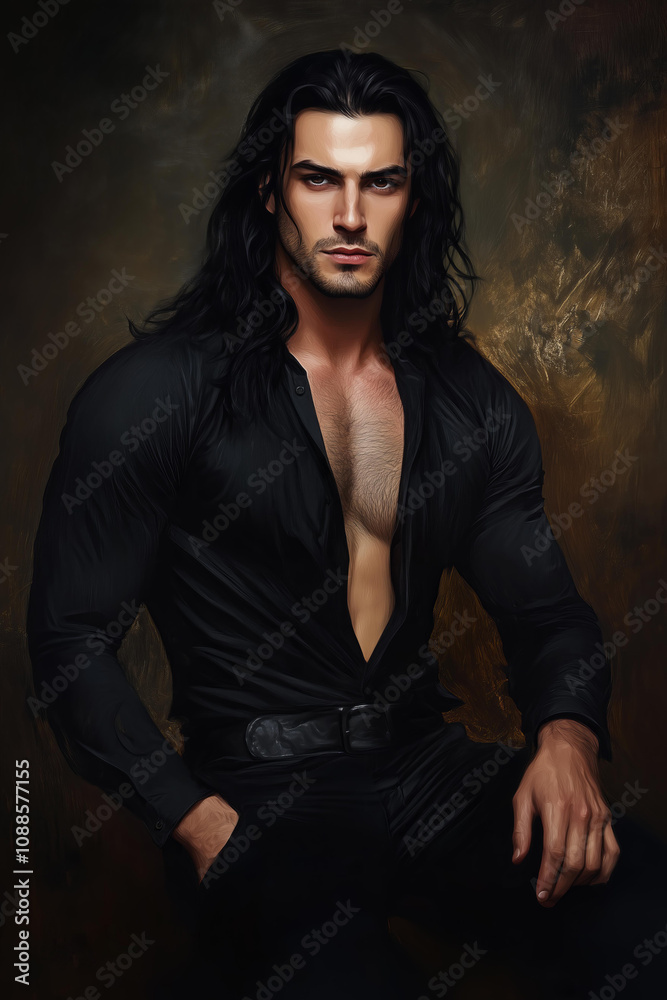 painting of a handsome, muscular man with long black hair and smoky eyes makeup , wearing a black shirt with an open chest area and dark pants, sitting in dramatic lighting. Romantic fantasy book 